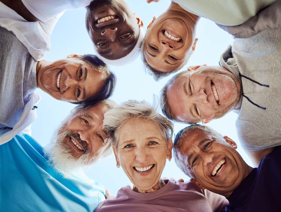 aging Portrait, senior or friends with fitness goals, support or hope in huddle bonding in training, spor.